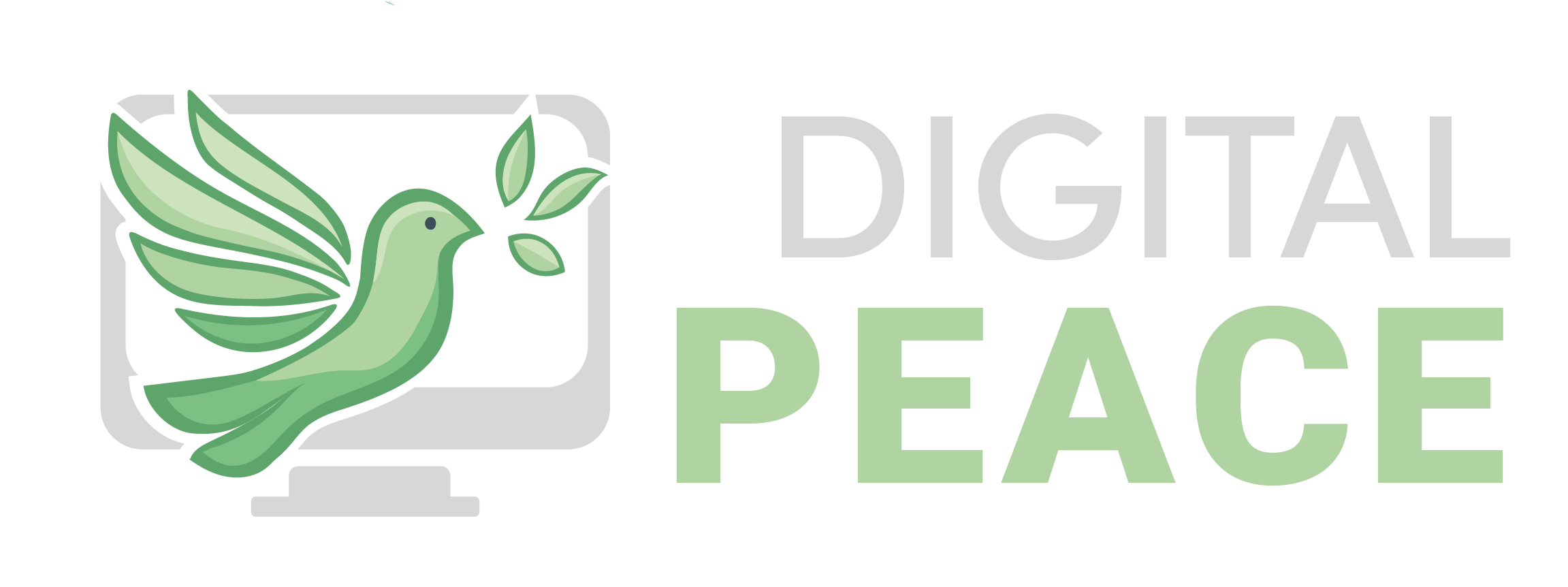 Logo of Digital Peace: a green dove holding olive leaves emerges from a grey computer monitor, next to the words “DIGITAL PEACE” in light grey and soft green capital letters.