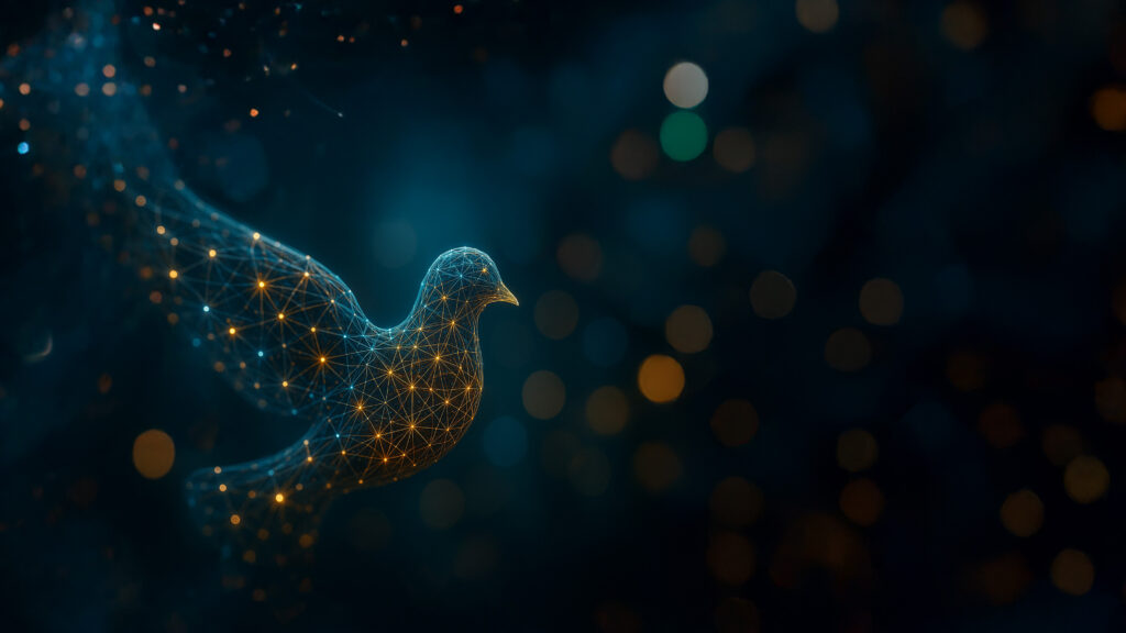 A photorealistic digital artwork of a dove composed of glowing neural connections and data nodes, illuminated in soft blue and amber tones. The bird, symbolising digital peace and interconnectedness, appears to emerge from a network of light against a dark, blurred background with warm bokeh highlights.