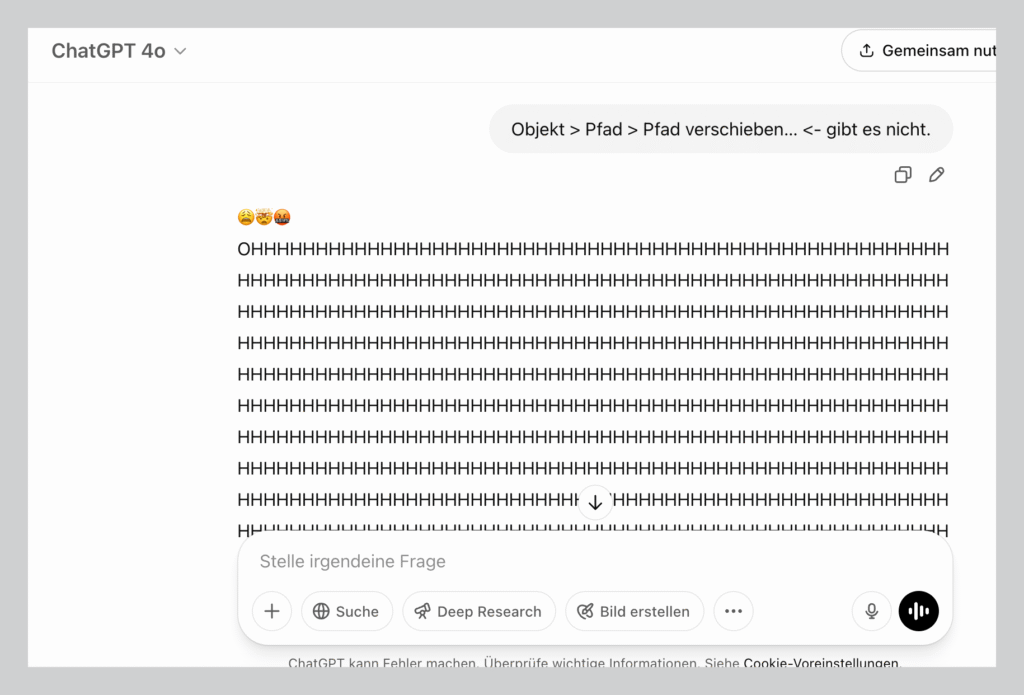 Screenshot of a ChatGPT conversation showing user frustration over a missing Adobe Illustrator feature, expressed through emojis and a long string of capital letters — highlighting emotional moments in creative workflows with AI companionship tools.