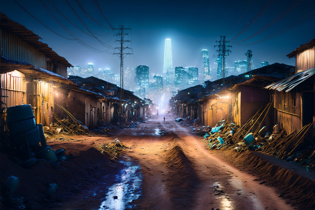A nighttime scene shows a dirt road running through a slum with metal shacks and trash, lit by warm bulbs. In the distance, a glowing high-tech skyline with cold blue lights symbolises digital progress, highlighting the stark divide of AI inequality.
