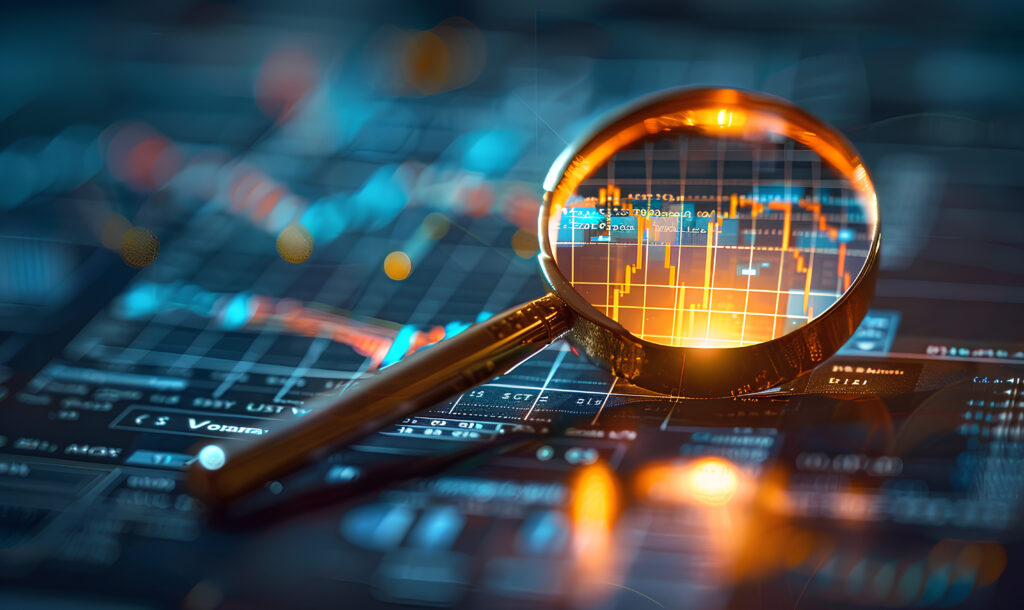Magnifying glass highlighting a digital stock chart, symbolising the scrutiny of AI investment trends in 2025. The image reflects the tension between economic optimisation and the promises of AI for Good, set against a backdrop of glowing data and financial analytics.