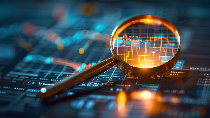 Magnifying glass highlighting a digital stock chart, symbolising the scrutiny of AI investment trends in 2025. The image reflects the tension between economic optimisation and the promises of AI for Good, set against a backdrop of glowing data and financial analytics.