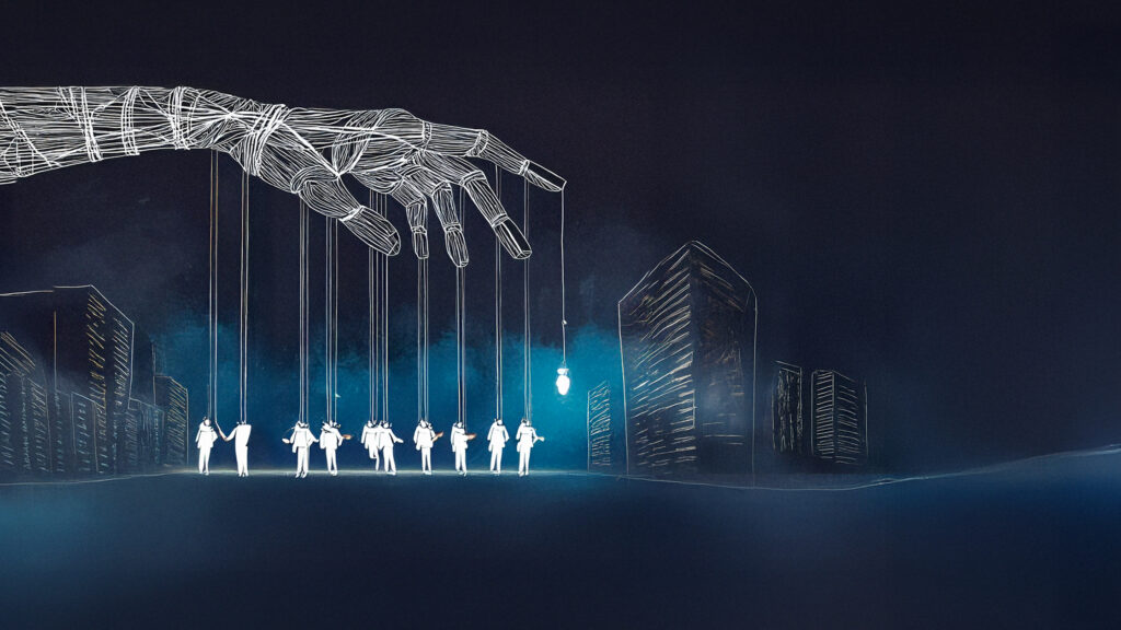 Illustration of a large, puppet-like hand controlling people with strings, symbolising AI inequality, digital control, and global power imbalances in the age of artificial intelligence.