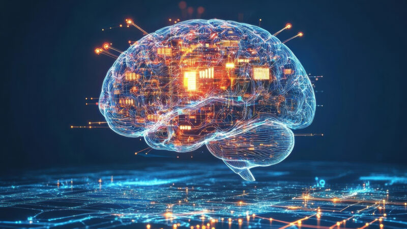 Digital illustration of a Brain-Computer Interface, showing a glowing human brain connected to data networks, symbolizing neural data transfer and cognitive technology.