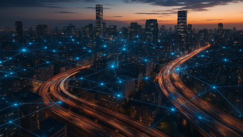 A high-resolution aerial photograph of a modern city at dusk, featuring illuminated highways with streaks of traffic lights and a subtle digital network of softly glowing lines and nodes, visually representing IoT connectivity across buildings and infrastructure beneath a fading sunset sky.
