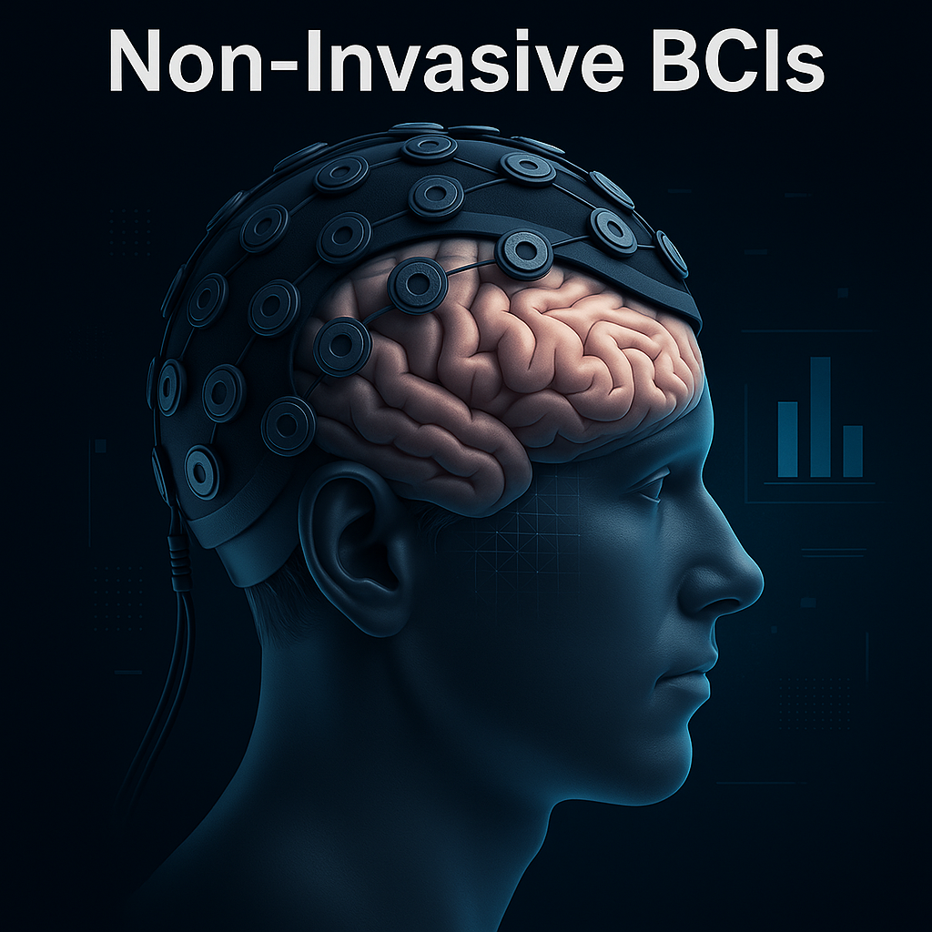 3D-rendered medical illustration of a non-invasive brain-computer interfaces (BCI) headset worn on a human head, showing external electrodes for neural signal detection. Image created by DALL·E.