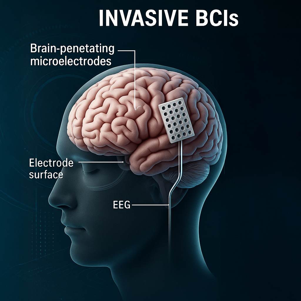 3D-rendered medical illustration of invasive brain-computer interfaces (BCIs), showing a side profile of a human head with implanted brain-penetrating microelectrodes and surface electrodes. Image created by DALL·E.