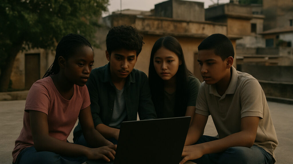 Photograph featuring four teenagers sitting closely together on a rooftop, focused on a laptop, symbolising access to AI and the right to development. The setting appears urban, with weathered buildings and a tree in the background.