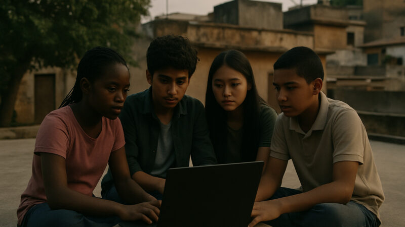 Photograph featuring four teenagers sitting closely together on a rooftop, focused on a laptop, symbolising access to AI and the right to development. The setting appears urban, with weathered buildings and a tree in the background.