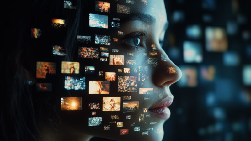 Close-up of a person’s face illuminated by digital screens, symbolising AI intimacy, human-machine connection, and the merging of identity with intelligent systems.