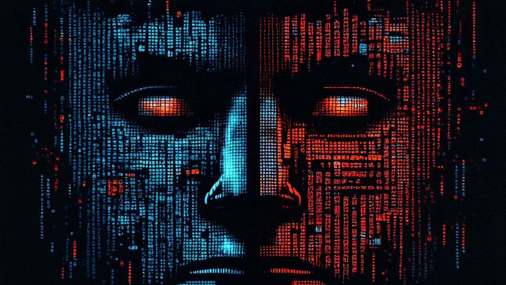 Close-up digital artwork of a human face made of binary code, split into blue and red halves, symbolizing AI bias, data-driven influence, and polarized information.