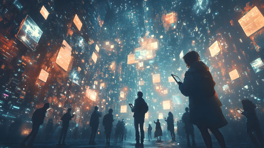 AI manipulation era: People surrounded by floating digital screens representing information overload and algorithmic contro