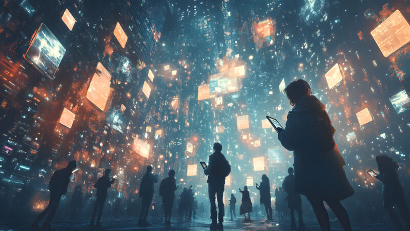 AI manipulation era: People surrounded by floating digital screens representing information overload and algorithmic contro