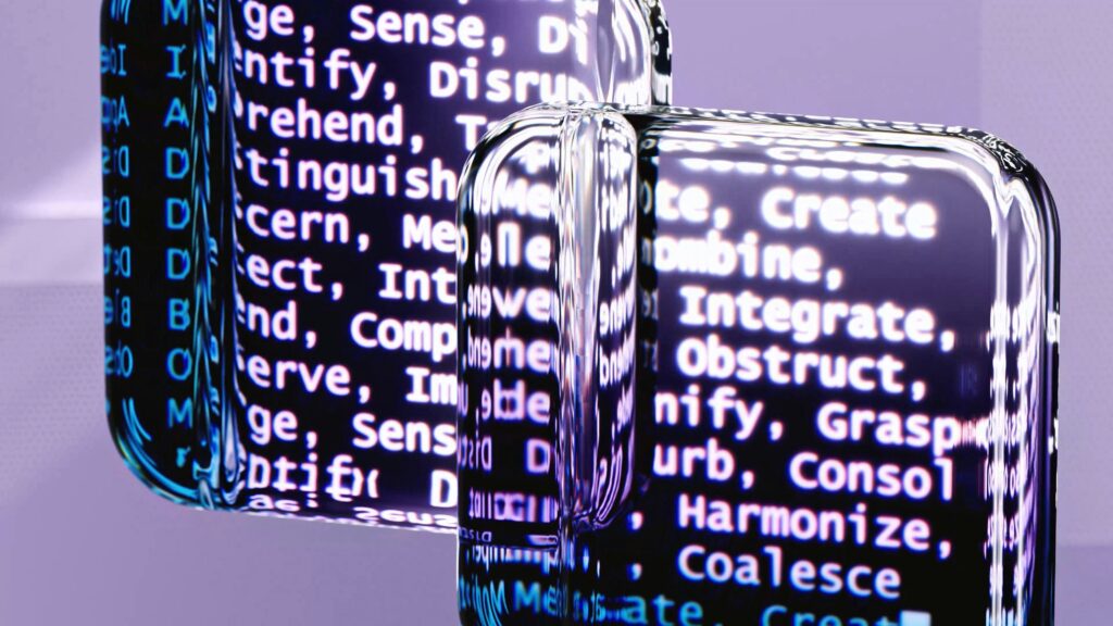 Abstract digital artwork showing distorted text with words like “create,” “harmonize,” and “disrupt” – symbolising the conflicting forces at play in peace influencing and digital communication.