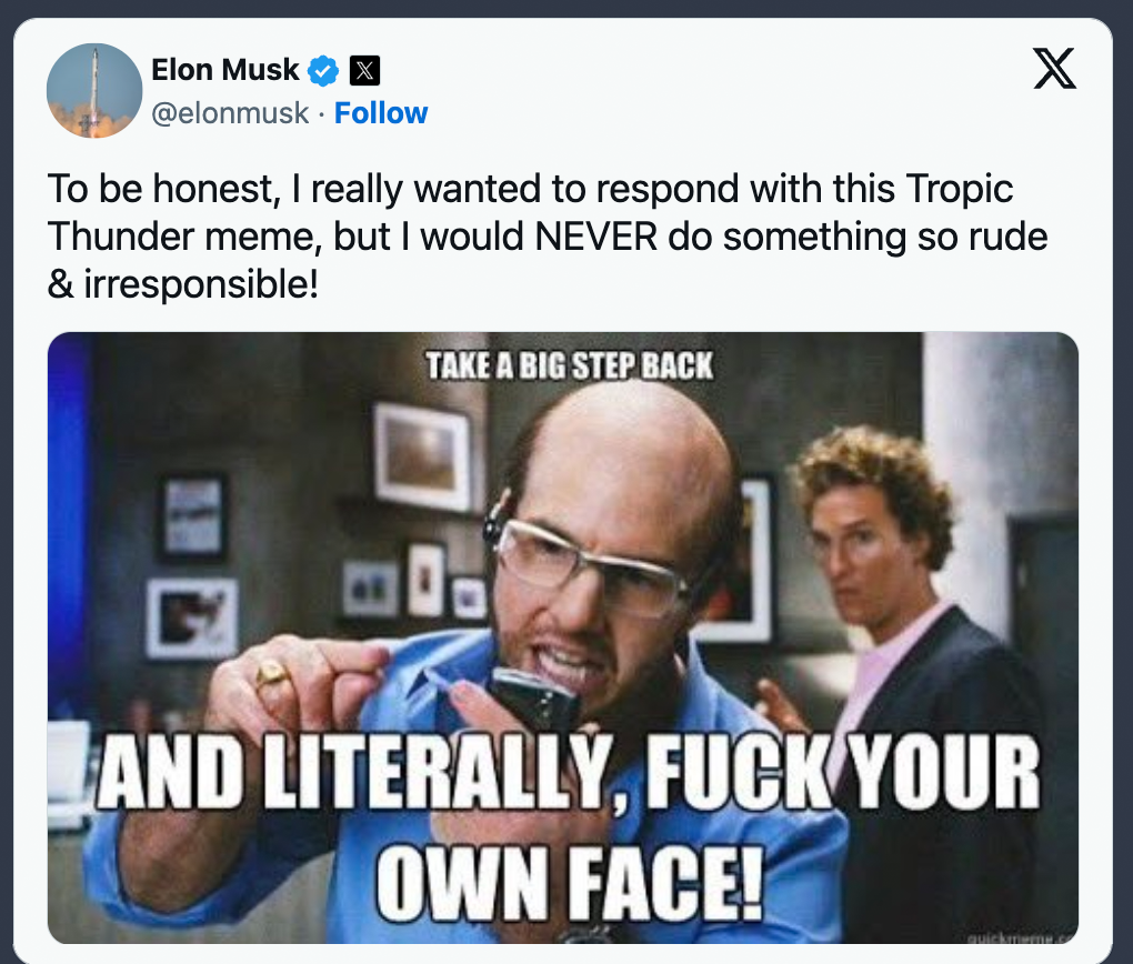 Tweet by Elon Musk referencing a “Tropic Thunder” meme with offensive language. Example of platform power and its role in European Digital Dependency debates.