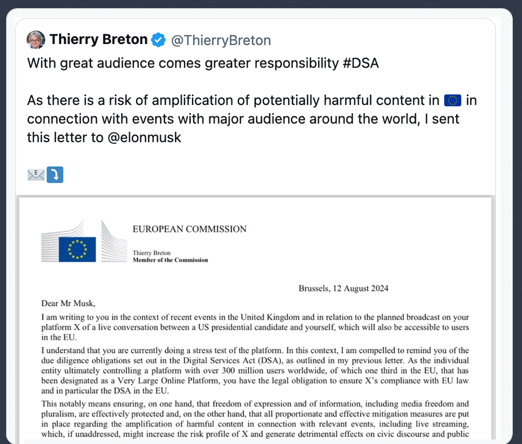 Tweet by EU Commissioner Thierry Breton to Elon Musk with an attached European Commission letter on the Digital Services Act (12 August 2024). Highlights concerns over harmful content, regulation, and European Digital Dependency on major platforms.
