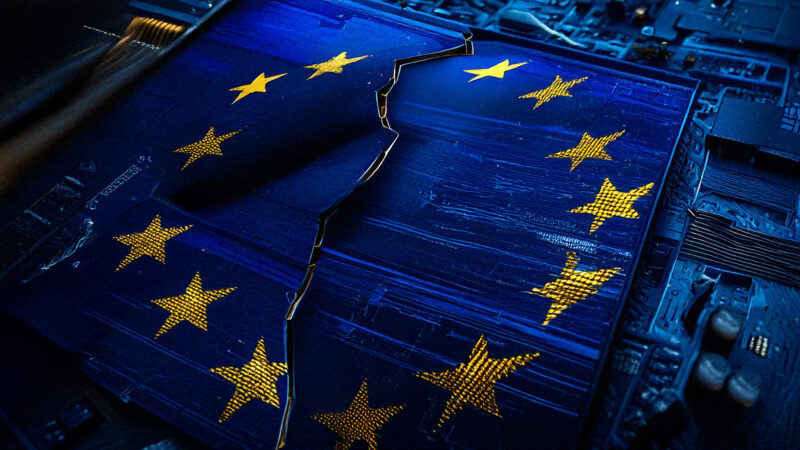 Europe's digital sovereignty crisis demands urgent action. A photorealistic image shows the European Union flag fractured across a digital circuit board. The golden stars are split by a deep crack in the screen, symbolising European Digital Dependency, technological fragility, and the erosion of sovereignty in the digital age.
