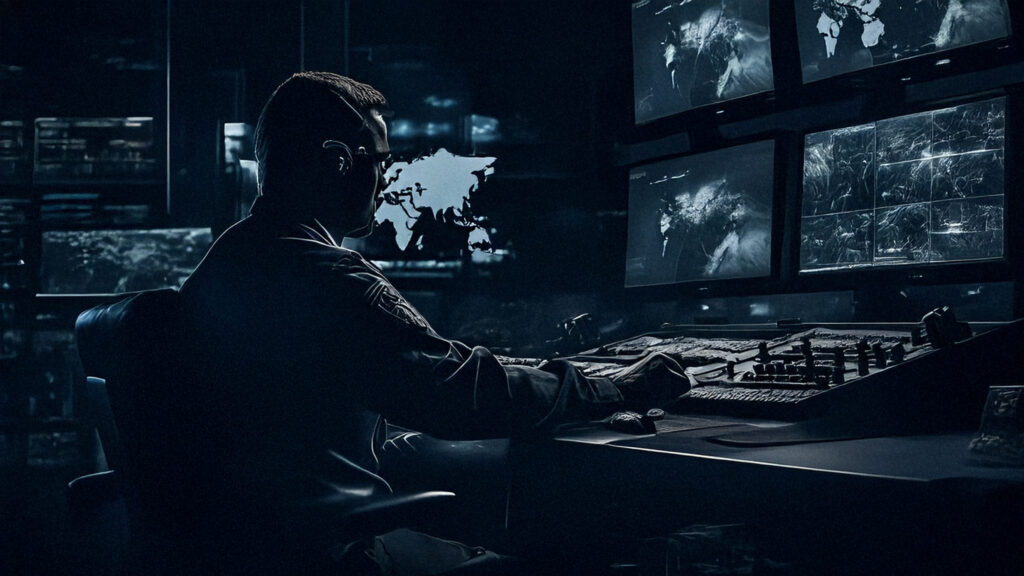Photorealistic image of a military operator in a dark control room, monitoring multiple screens with satellite maps and conflict data, symbolising AI in warfare and the role of technology in modern conflict zones.