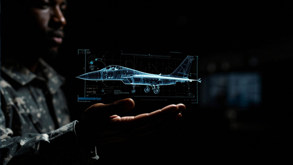 A soldier examines a holographic fighter jet, illustrating the role of AI in warfare.