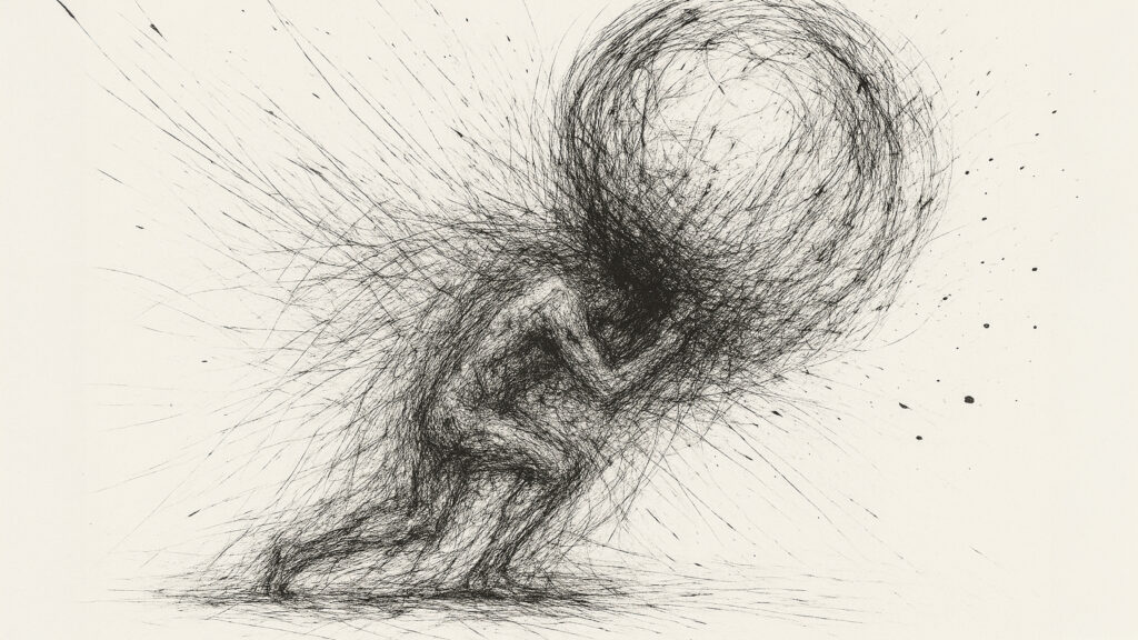 Black ink sketch of a atlas figure under chaotic strokes, symbolising the weight of AI in warfare and the loss of human hesitation.