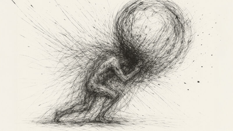 Black ink sketch of a atlas figure under chaotic strokes, symbolising the weight of AI in warfare and the loss of human hesitation.