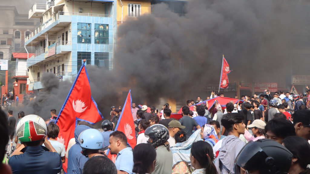 Youth protesters in Bharatpur, Nepal, demonstrating against government restrictions during the 2025 Nepal Social Media Ban.