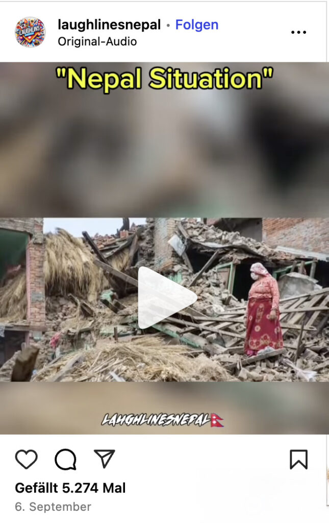 Nepali woman standing amid collapsed houses shown in an Instagram reel titled “Nepal Situation,” reflecting hardship and inequality exposed during the 2025 Nepal Social Media Ban.