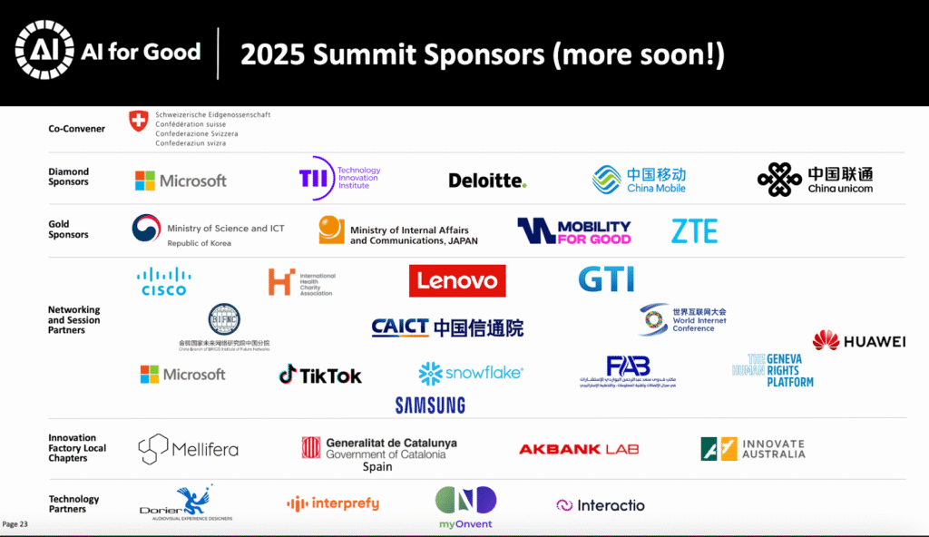 Screenshot from the AI for Good sponsorship brochure featuring logos of global tech corporations such as Microsoft, Huawei, Cisco, Lenovo, TikTok, and Deloitte, shown as sponsors and partners of an international event. Companies also being associated with AI in warfare.