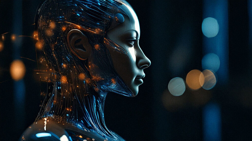 Photorealistic side profile of a humanoid figure blending human and robotic features, illuminated by warm blue and orange light reflections. The image symbolises the intersection of AI and work — the quiet fusion of human creativity and machine intelligence in the digital age.