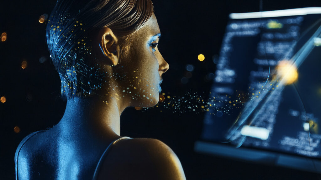 Photorealistic image showing AI influence through subtle data streams from a computer to a human mind, symbolising conversational AI influence. Generated with Adobe Firefly