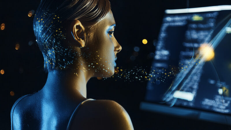 Photorealistic image showing AI influence through subtle data streams from a computer to a human mind, symbolising conversational AI influence. Generated with Adobe Firefly