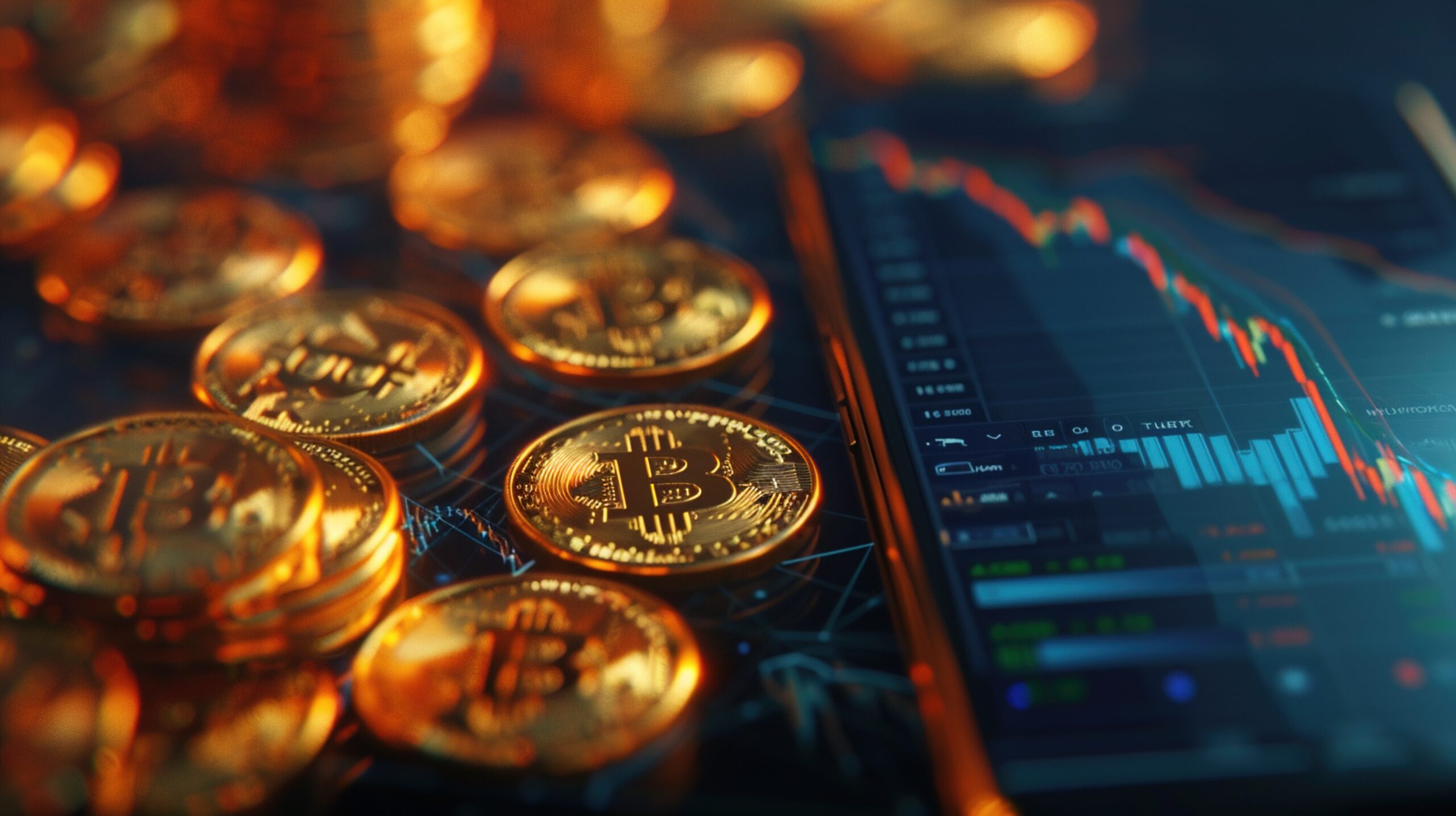 Stacked Bitcoin coins on a wet keyboard beside a smartphone showing a cryptocurrency trading chart, illustrating crypto money laundering risks and digital finance activity.