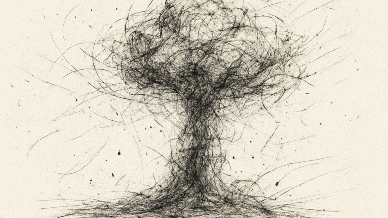 Abstract black scratch-style illustration resembling a mushroom cloud explosion, evoking the oppenheimer test, drawn with chaotic charcoal-like lines on a light background.