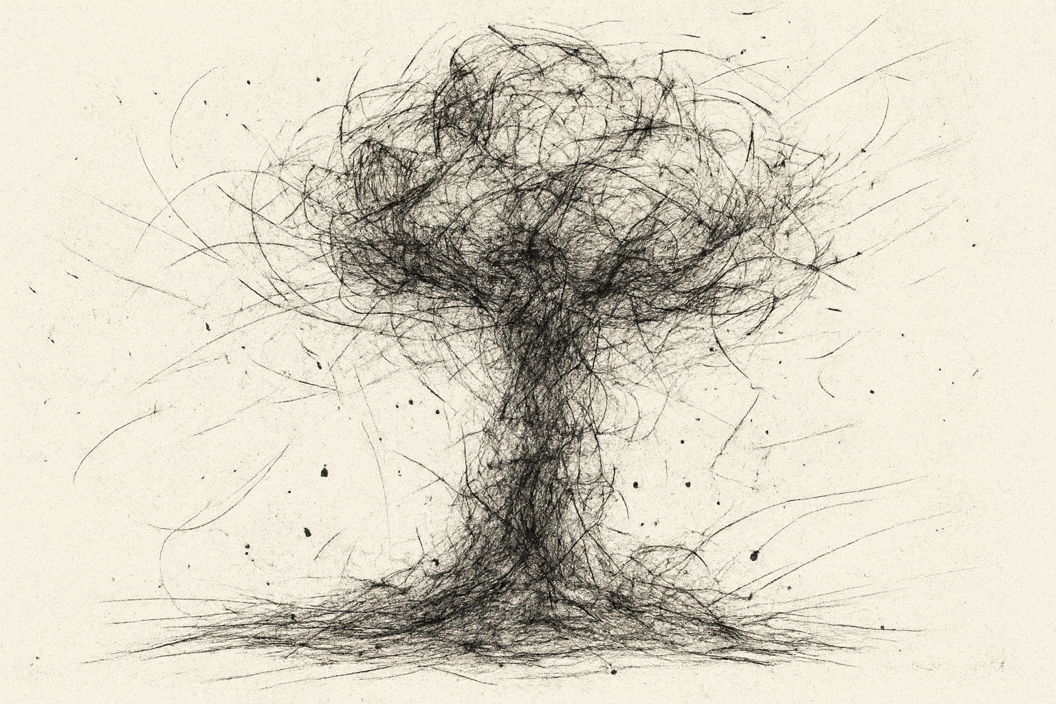 Abstract black scratch-style illustration resembling a mushroom cloud explosion, evoking the oppenheimer test, drawn with chaotic charcoal-like lines on a light background.