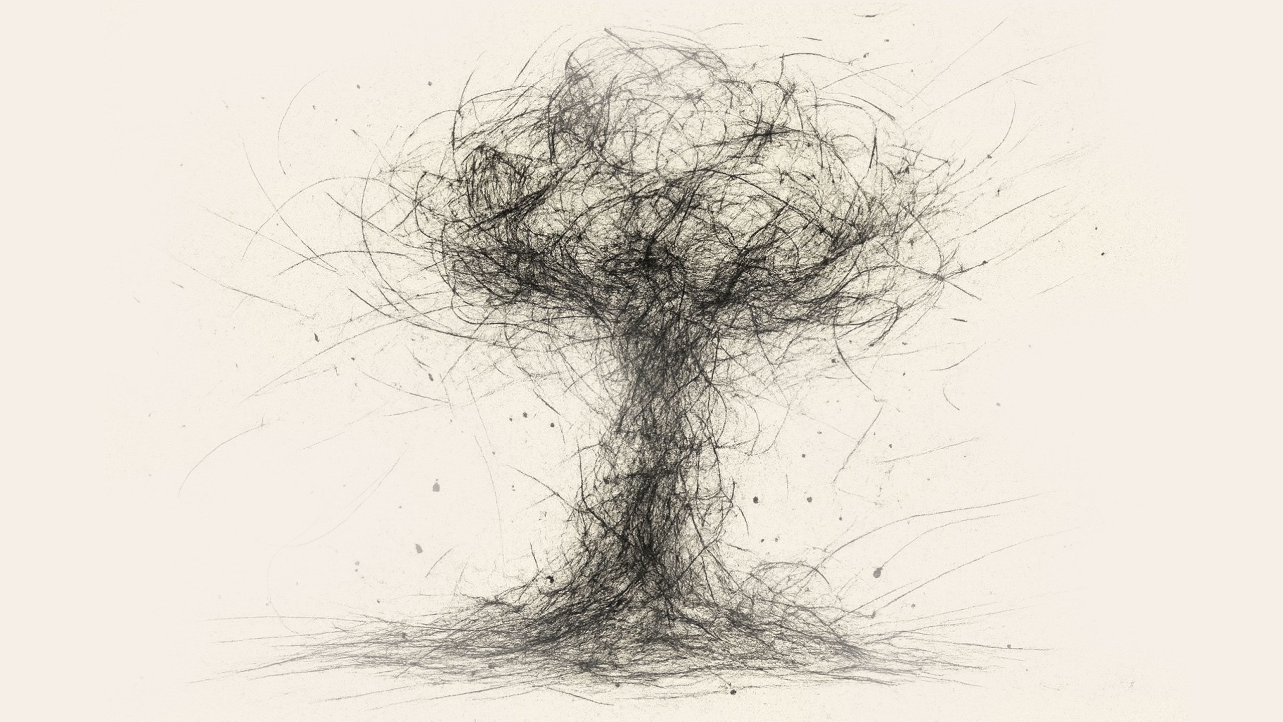 Abstract black scratch-style illustration resembling a mushroom cloud explosion, evoking the oppenheimer test, drawn with chaotic charcoal-like lines on a light background.