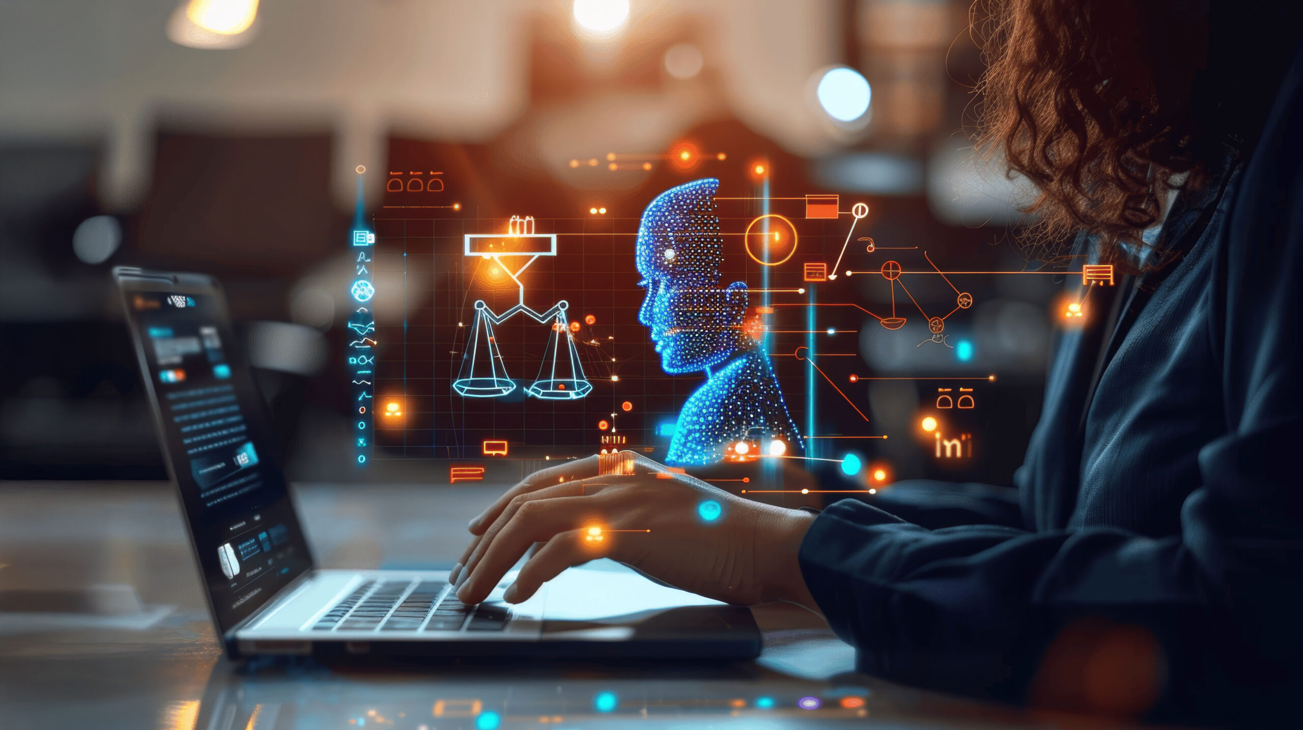 A person working on a laptop with glowing digital graphics of a human AI profile, legal scales, and data symbols floating in the air, representing the ethical and legal challenges of AI piracy in the digital age.