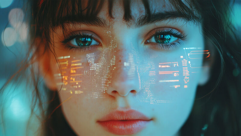 Close-up of a woman’s face illuminated by digital code, symbolising how AI harms women and gender bias in technology.