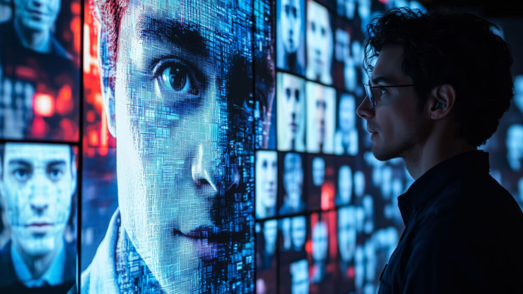 A man looks at a digital wall of AI-generated faces, symbolising the rise of synthetic reality.
