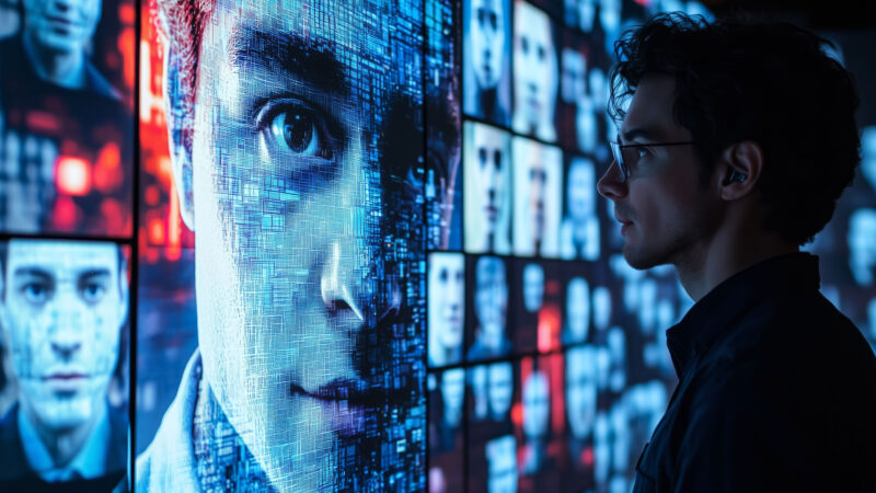 A man looks at a digital wall of AI-generated faces, symbolising the rise of synthetic reality.
