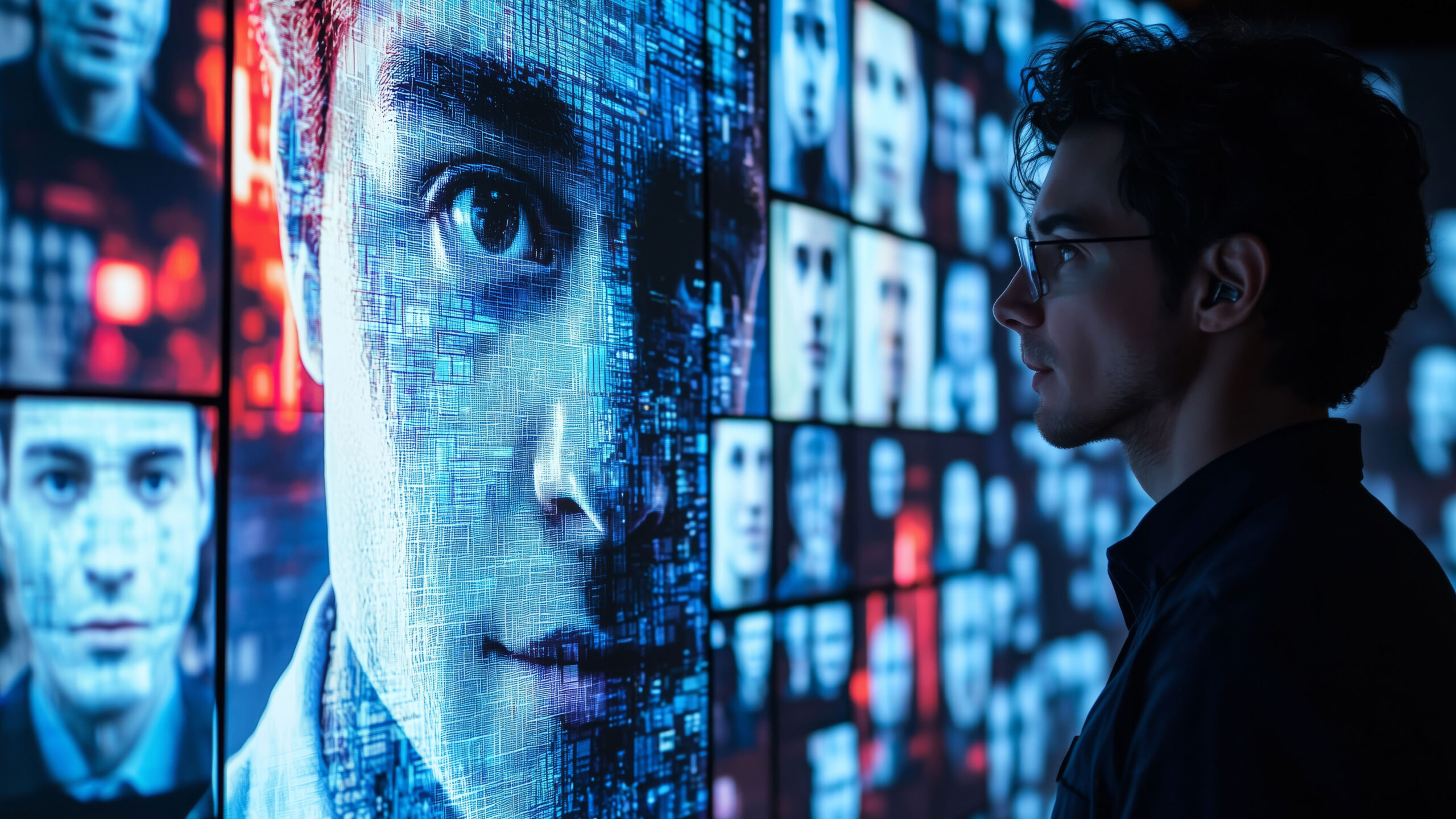 A man looks at a digital wall of AI-generated faces, symbolising the rise of synthetic reality.