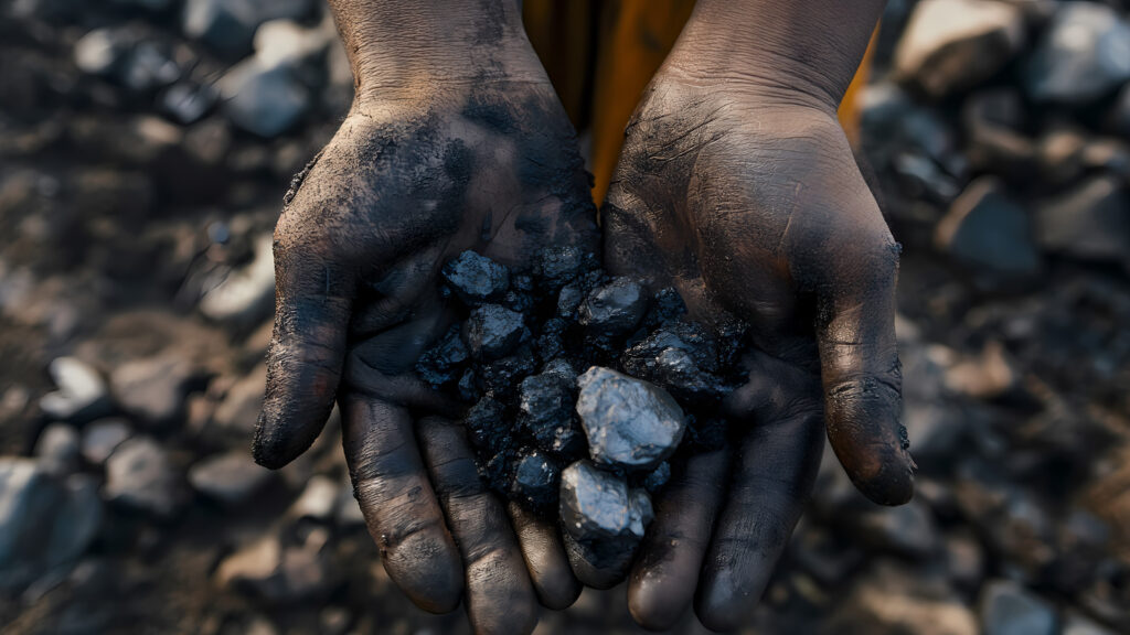 Close-up of two outstretched hands holding dark, muddy rare earth minerals, showing the harsh and dirty conditions of mining.