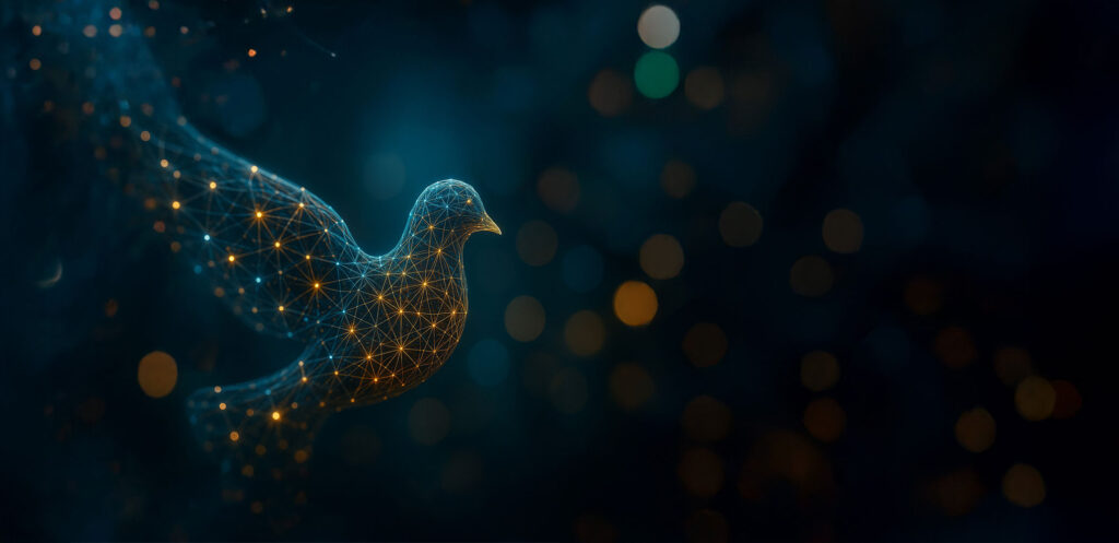 Digital peace concept illustrated as a glowing dove made of interconnected network lines and light nodes, symbolising the intersection of technology and peace on a dark blue background.