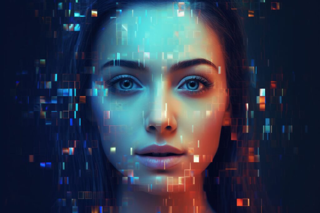 Close-up of a woman's face blended with abstract data pixels, representing algorithmic intimacy, emotional AI, and the societal rise of AI erotica
