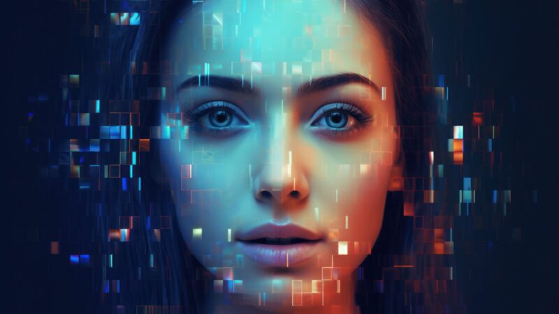 Close-up of a woman's face blended with abstract data pixels, representing algorithmic intimacy, emotional AI, and the societal rise of AI erotica