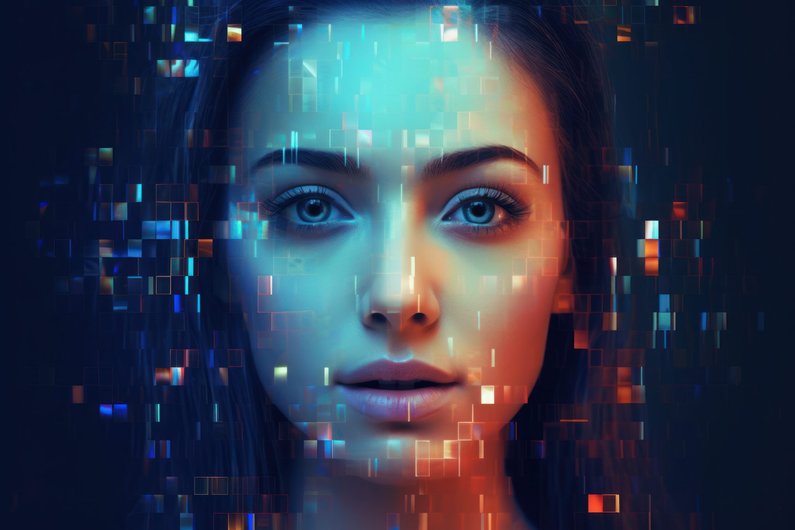 Close-up of a woman's face blended with abstract data pixels, representing algorithmic intimacy, emotional AI, and the societal rise of AI erotica
