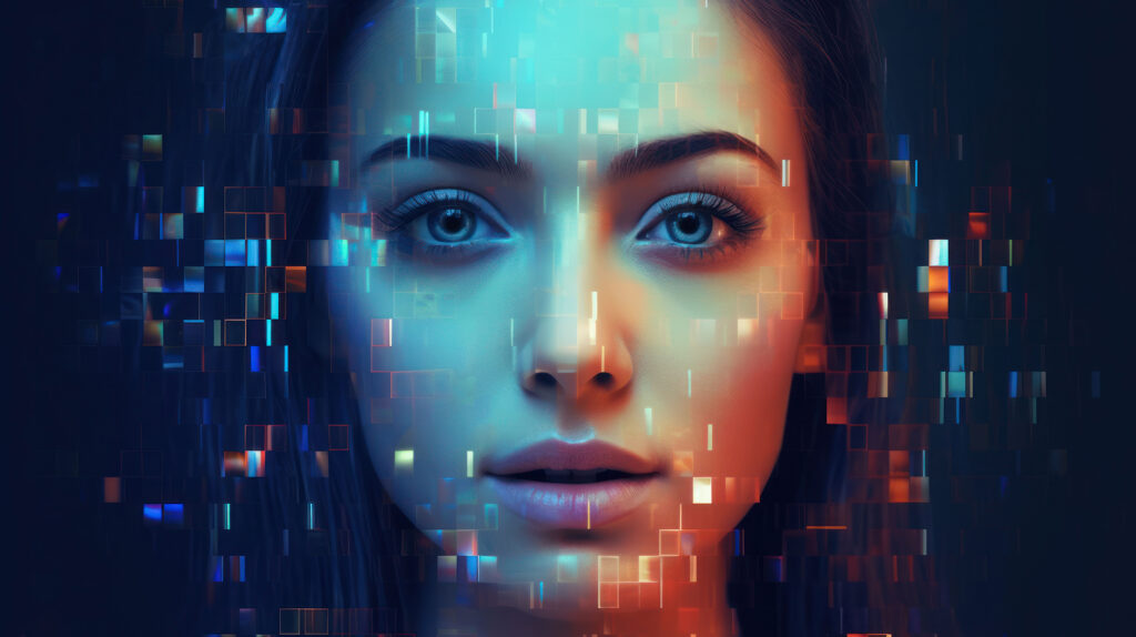 Close-up of a woman's face blended with abstract data pixels, representing algorithmic intimacy, emotional AI, and the societal rise of AI erotica