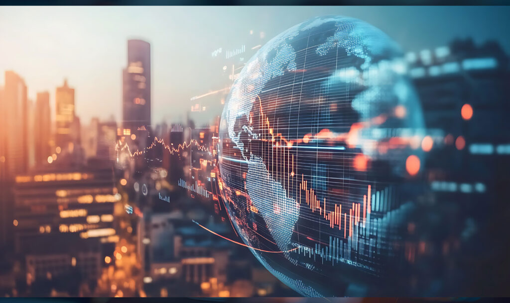 Digital globe with data streams and stock market graphs over a modern city skyline, symbolizing global finance and the AI bubble.
