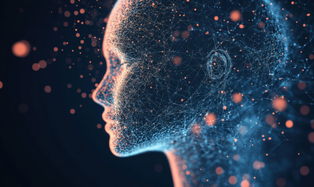 Stylised human profile made of interconnected blue lines and orange light particles, symbolising AI narratives.