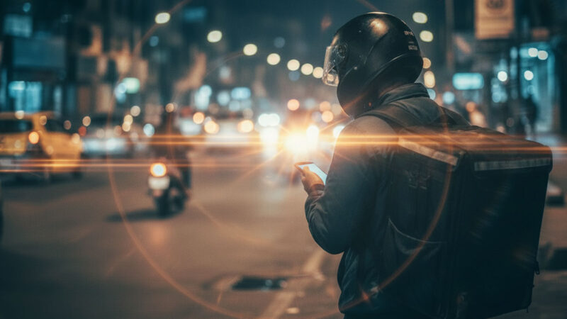 A delivery worker wearing a helmet and backpack stands on a blurred city street at night, looking down at a smartphone, illustrating the hidden labor behind quick commerce and ultra-fast delivery services.