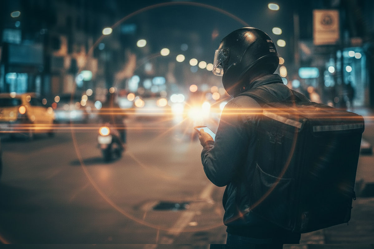 A delivery worker wearing a helmet and backpack stands on a blurred city street at night, looking down at a smartphone, illustrating the hidden labor behind quick commerce and ultra-fast delivery services.